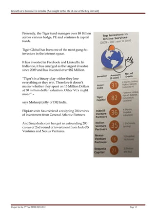 Growth of e-Commerce in India (An insight in the life of one of the key entrant)




            Presently, the Tiger fund manages over $8 Billion
            across various hedge, PE and ventures & capital
            funds.

            Tiger Global has been one of the most gung-ho
            investors in the internet space.

            It has invested in Facebook and LinkedIn. In
            India too, it has emerged as the largest investor
            since 2009 and has invested over $82 Million.

            “Tiger’s is a binary play- either they lose
            everything or they win. Therefore it doesn’t
            matter whether they spent on 15 Million Dollars
            at 30 million dollar valuation. Other VCs might
            moan” –

            says Mohanjit Jolly of DFJ India.

            Flipkart.com has received a wopping 700 crores
            of investment from General Atlantic Partners

            And Snapdeals.com has got an astounding 200
            crores of 2nd round of investment from IndoUS
            Ventures and Nexus Ventures.




Project for the 3rd Year MFM 2009-2012                                             Page 13
 