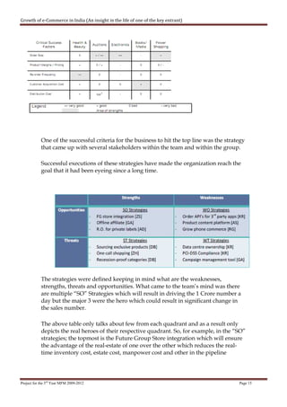 Growth of e-Commerce in India (An insight in the life of one of the key entrant)




            One of the successful criteria for the business to hit the top line was the strategy
            that came up with several stakeholders within the team and within the group.

            Successful executions of these strategies have made the organization reach the
            goal that it had been eyeing since a long time.




            The strategies were defined keeping in mind what are the weaknesses,
            strengths, threats and opportunities. What came to the team’s mind was there
            are multiple “SO” Strategies which will result in driving the 1 Crore number a
            day but the major 3 were the hero which could result in significant change in
            the sales number.

            The above table only talks about few from each quadrant and as a result only
            depicts the real heroes of their respective quadrant. So, for example, in the “SO”
            strategies; the topmost is the Future Group Store integration which will ensure
            the advantage of the real-estate of one over the other which reduces the real-
            time inventory cost, estate cost, manpower cost and other in the pipeline




Project for the 3rd Year MFM 2009-2012                                                       Page 15
 
