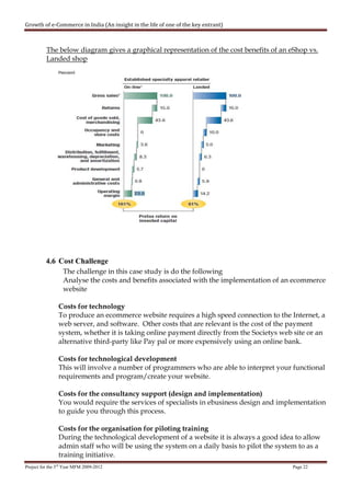 Growth of e-Commerce in India (An insight in the life of one of the key entrant)



          The below diagram gives a graphical representation of the cost benefits of an eShop vs.
          Landed shop




          4.6 Cost Challenge
                  The challenge in this case study is do the following
                  Analyse the costs and benefits associated with the implementation of an ecommerce
                  website

                Costs for technology
                To produce an ecommerce website requires a high speed connection to the Internet, a
                web server, and software. Other costs that are relevant is the cost of the payment
                system, whether it is taking online payment directly from the Societys web site or an
                alternative third-party like Pay pal or more expensively using an online bank.

                Costs for technological development
                This will involve a number of programmers who are able to interpret your functional
                requirements and program/create your website.

                Costs for the consultancy support (design and implementation)
                You would require the services of specialists in ebusiness design and implementation
                to guide you through this process.

                Costs for the organisation for piloting training
                During the technological development of a website it is always a good idea to allow
                admin staff who will be using the system on a daily basis to pilot the system to as a
                training initiative.
Project for the 3rd Year MFM 2009-2012                                                     Page 22
 