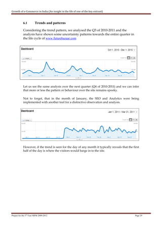 Growth of e-Commerce in India (An insight in the life of one of the key entrant)



            6.1         Trends and patterns

            Considering the trend pattern, we analysed the Q3 of 2010-2011 and the
            analysis have shown some uncertainty patterns towards the entire quarter in
            the life cycle of www.futurebazaar.com




            Let us see the same analysis over the next quarter (Q4 of 2010-2011) and we can infer
            that more or less the pattern or behaviour over the site remains spooky.

            Not to forget, that in the month of January, the SEO and Analytics were being
            implemented with another tool for a distinctive observation and analysis.




            However, if the trend is seen for the day of any month it typically reveals that the first
            half of the day is where the visitors would barge in to the site.




Project for the 3rd Year MFM 2009-2012                                                            Page 29
 
