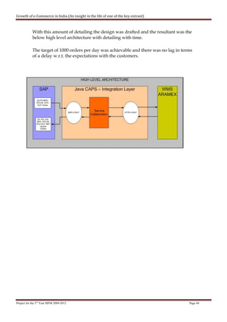 Growth of e-Commerce in India (An insight in the life of one of the key entrant)



            With this amount of detailing the design was drafted and the resultant was the
            below high level architecture with detailing with time.

            The target of 1000 orders per day was achievable and there was no lag in terms
            of a delay w.r.t. the expectations with the customers.




Project for the 3rd Year MFM 2009-2012                                                  Page 44
 