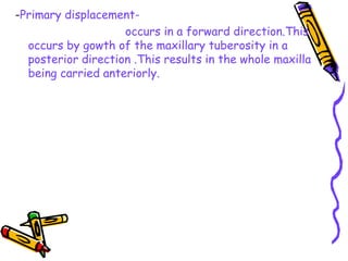 -Primary displacement-
occurs in a forward direction.This
occurs by gowth of the maxillary tuberosity in a
posterior direction .This results in the whole maxilla
being carried anteriorly.
 