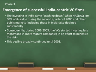 The investing in India came “crashing down” when NASDAQ lost 60% of its value during the second quarter of 2000 and other public markets (including those in India) also declined substantially. ,[object Object],Consequently, during 2001-2003, the VCs started investing less money and in more mature companies in an effort to minimize the risks. ,[object Object],This decline broadly continued until 2003.,[object Object],Phase 3,[object Object],Emergence of successful India-centric VC firms,[object Object]