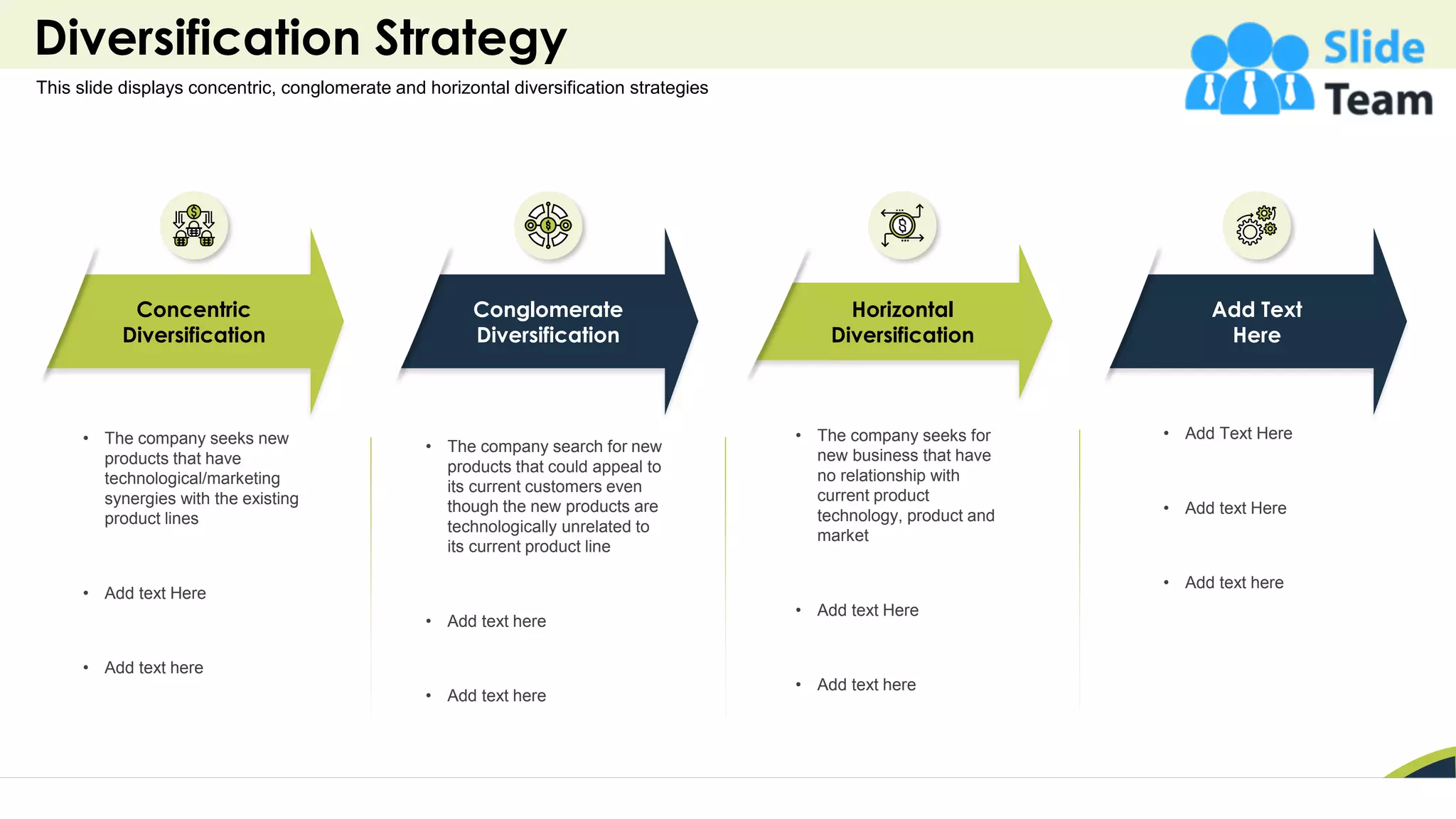 Diversification Strategy
22
This slide displays concentric, conglomerate and horizontal diversification strategies
• The company seeks new
products that have
technological/marketing
synergies with the existing
product lines
• Add text Here
• Add text here
Concentric
Diversification
• The company seeks for
new business that have
no relationship with
current product
technology, product and
market
• Add text Here
• Add text here
Horizontal
Diversification
• Add Text Here
• Add text Here
• Add text here
Add Text
Here
• The company search for new
products that could appeal to
its current customers even
though the new products are
technologically unrelated to
its current product line
• Add text here
• Add text here
Conglomerate
Diversification
 