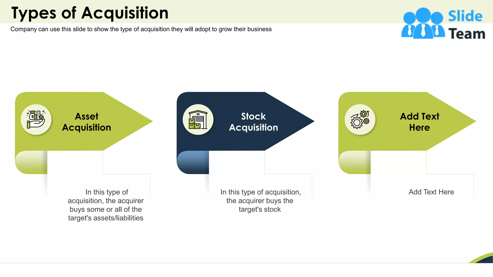 Types of Acquisition
25
Company can use this slide to show the type of acquisition they will adopt to grow their business
In this type of
acquisition, the acquirer
buys some or all of the
target's assets/liabilities
In this type of acquisition,
the acquirer buys the
target's stock
Add Text Here
Asset
Acquisition
Stock
Acquisition
Add Text
Here
 