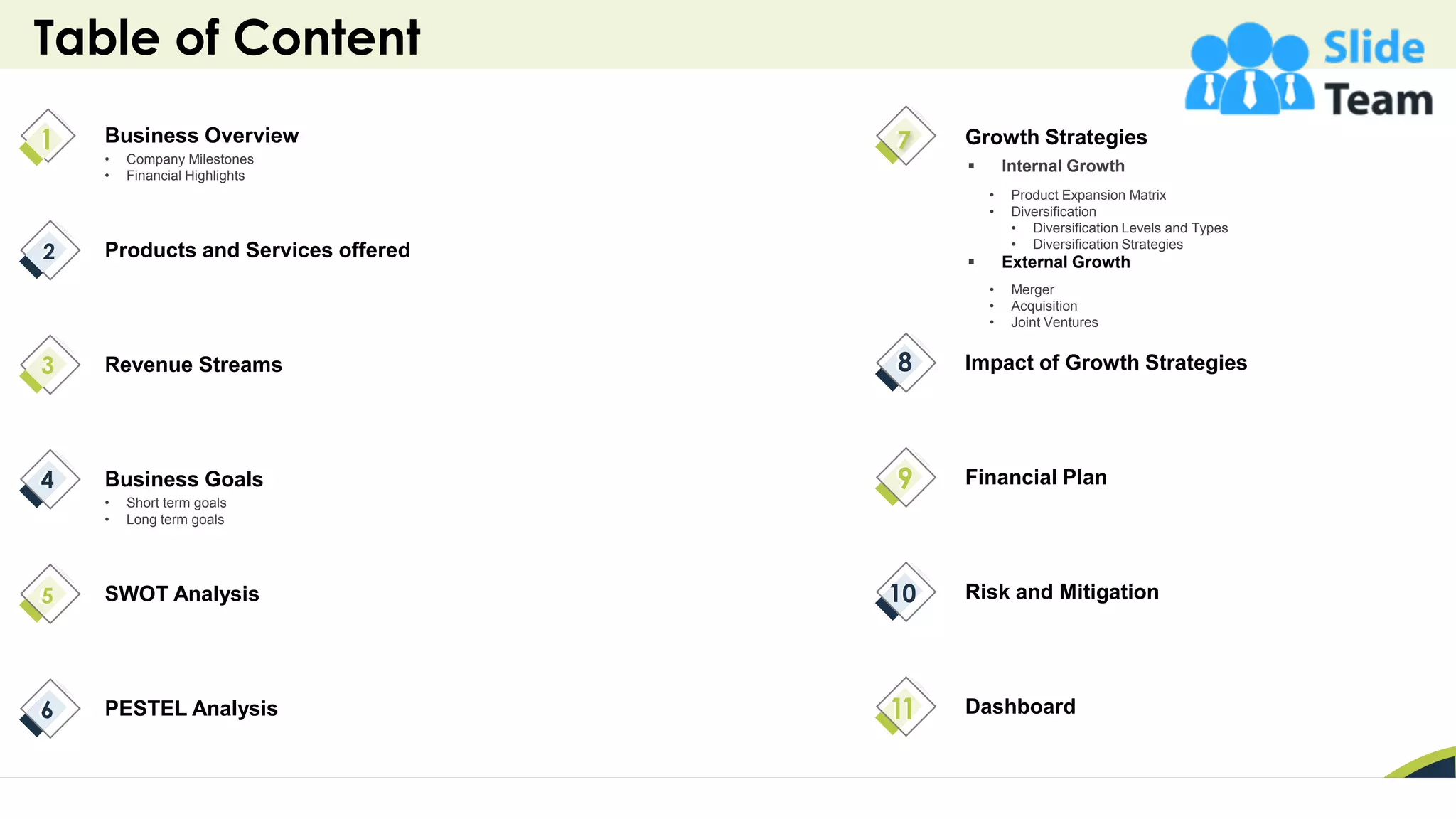 Table of Content
3
• Company Milestones
• Financial Highlights
Business Overview
Revenue Streams
• Short term goals
• Long term goals
Business Goals
SWOT Analysis
PESTEL Analysis
Products and Services offered
Financial Plan
Risk and Mitigation
Dashboard
Impact of Growth Strategies
Growth Strategies
• Merger
• Acquisition
• Joint Ventures
▪ External Growth
• Product Expansion Matrix
• Diversification
• Diversification Levels and Types
• Diversification Strategies
▪ Internal Growth
 