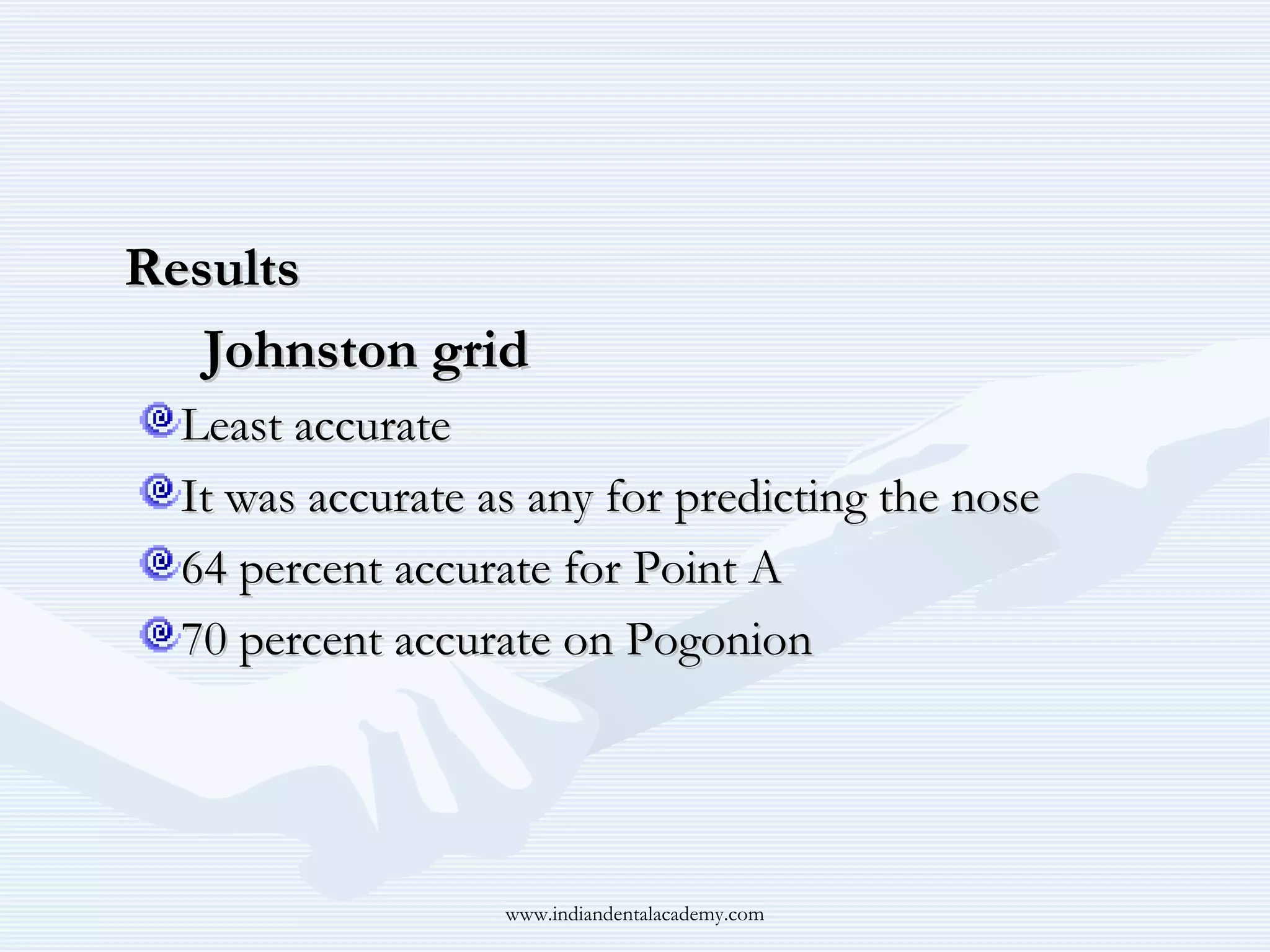 Results
Johnston grid
Least accurate
It was accurate as any for predicting the nose
64 percent accurate for Point A
70 percent accurate on Pogonion

www.indiandentalacademy.com

 