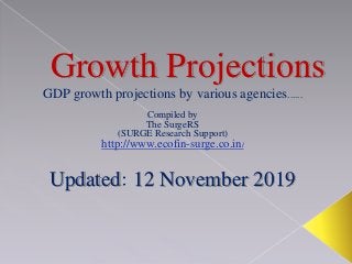 Growth Projections
GDP growth projections by various agencies......
Compiled by
The SurgeRS
(SURGE Research Support)
http://www.ecofin-surge.co.in/
Updated 12 November 2019
 
