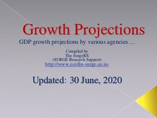Growth Projections
GDP growth projections by various agencies......
Compiled by
The SurgeRS
(SURGE Research Support)
http://www.ecofin-surge.co.in/
Updated 30 June, 2020
 