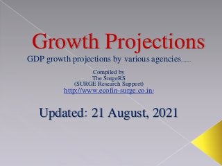 Growth Projections
GDP growth projections by various agencies......
Compiled by
The SurgeRS
(SURGE Research Support)
http://www.ecofin-surge.co.in/
Updated 21 August, 2021
 