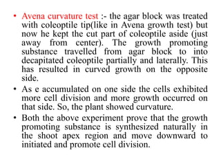 • Avena curvature test :- the agar block was treated
with coleoptile tip(like in Avena growth test) but
now he kept the cut part of coleoptile aside (just
away from center). The growth promoting
substance travelled from agar block to into
decapitated coleoptile partially and laterally. This
has resulted in curved growth on the opposite
side.
• As e accumulated on one side the cells exhibited
more cell division and more growth occurred on
that side. So, the plant showed curvature.
• Both the above experiment prove that the growth
promoting substance is synthesized naturally in
the shoot apex region and move downward to
initiated and promote cell division.
 