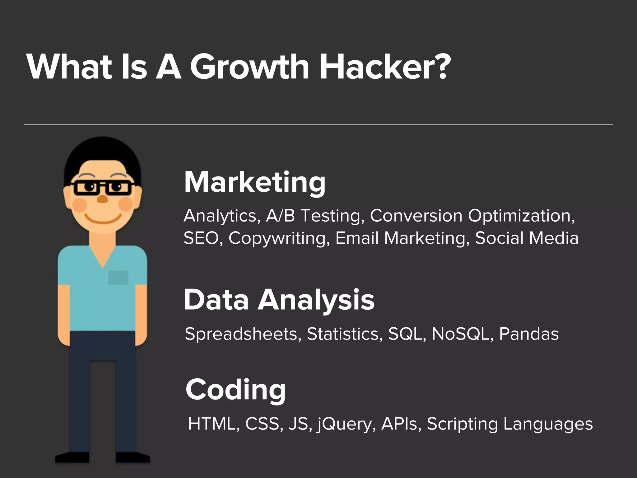 What Is A Growth Hacker? 
Marketing 
Analytics, A/B Testing, Conversion Optimization, 
SEO, Copywriting, Email Marketing, Social Media 
Data Analysis 
Spreadsheets, Statistics, SQL, NoSQL, Pandas 
Coding 
HTML, CSS, JS, jQuery, APIs, Scripting Languages 
 