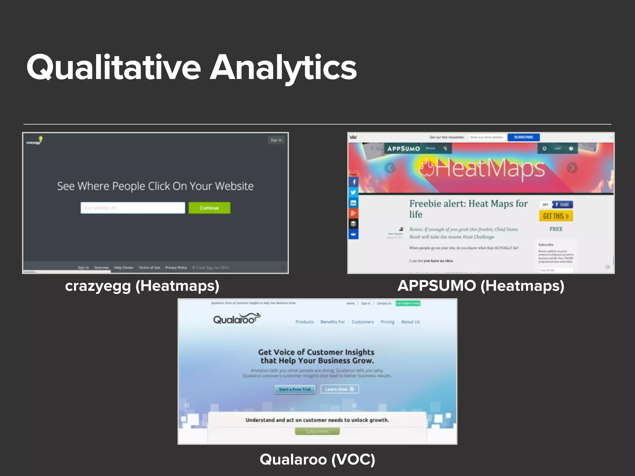 Qualitative Analytics 
crazyegg (Heatmaps) APPSUMO (Heatmaps) 
Qualaroo (VOC) 
 