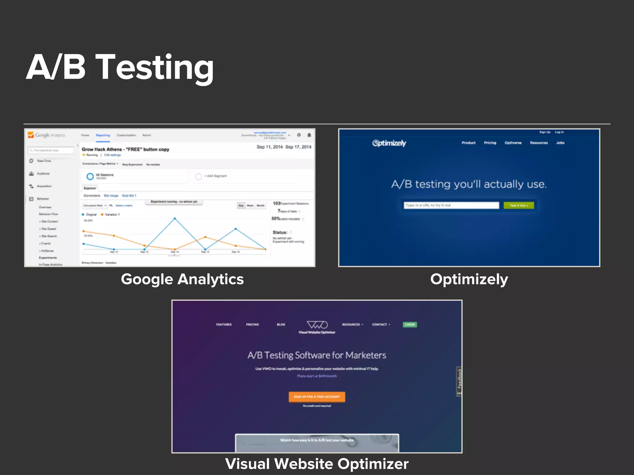 A/B Testing 
Google Analytics Optimizely 
Visual Website Optimizer 
 