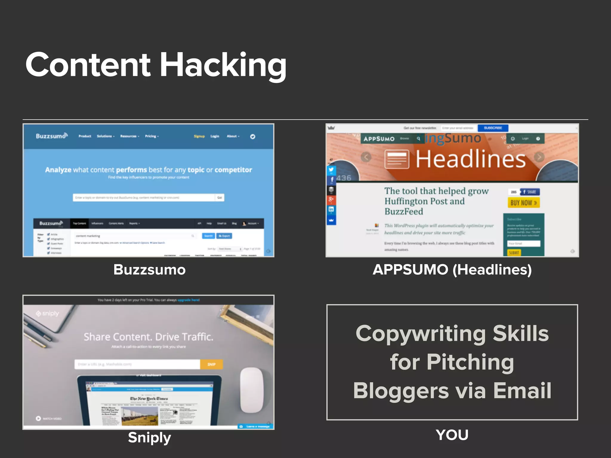 Content Hacking 
Buzzsumo 
APPSUMO (Headlines) 
Copywriting Skills 
for Pitching 
Bloggers via Email 
YOU 
Sniply 
 