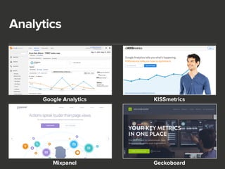 Analytics 
Google Analytics KISSmetrics 
Mixpanel Geckoboard 
 