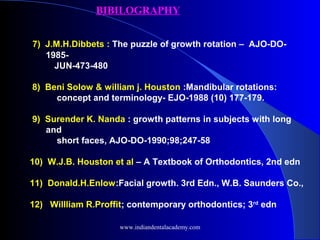 7) J.M.H.Dibbets : The puzzle of growth rotation – AJO-DO-
1985-
JUN-473-480
8) Beni Solow & william j. Houston :Mandibular rotations:
concept and terminology- EJO-1988 (10) 177-179.
9) Surender K. Nanda : growth patterns in subjects with long
and
short faces, AJO-DO-1990;98;247-58
10) W.J.B. Houston et al – A Textbook of Orthodontics, 2nd edn
11) Donald.H.Enlow:Facial growth. 3rd Edn., W.B. Saunders Co.,
12) Willliam R.Proffit; contemporary orthodontics; 3rd
edn
BIBILOGRAPHY
www.indiandentalacademy.com
 