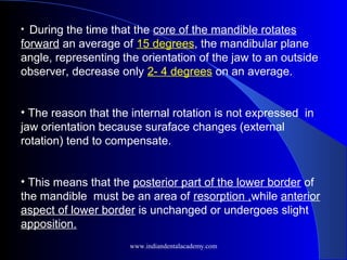 • During the time that the core of the mandible rotates
forward an average of 15 degrees, the mandibular plane
angle, representing the orientation of the jaw to an outside
observer, decrease only 2- 4 degrees on an average.
• The reason that the internal rotation is not expressed in
jaw orientation because suraface changes (external
rotation) tend to compensate.
• This means that the posterior part of the lower border of
the mandible must be an area of resorption ,while anterior
aspect of lower border is unchanged or undergoes slight
apposition.
www.indiandentalacademy.com
 