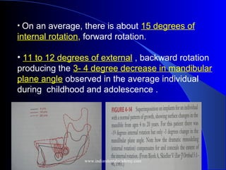 • On an average, there is about 15 degrees of
internal rotation, forward rotation.
• 11 to 12 degrees of external , backward rotation
producing the 3- 4 degree decrease in mandibular
plane angle observed in the average individual
during childhood and adolescence .
www.indiandentalacademy.com
 