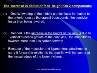 The increase in posterior face height has 2 components:
(1) One is lowering of the middle cranial fossa in relation to
the anterior one as the cranial base bends, the condylar
fossa then being lowered.
(2) Second is the increase in the height of the ramus due to
vertical direction growth at the condyles, the mandible is
lowered more than it is carried forward.
• Because of the muscular and ligamentous attachments
carry it forward in relation to the maxilla with the center at
the incisal edges of the lower incisors.
www.indiandentalacademy.com
 