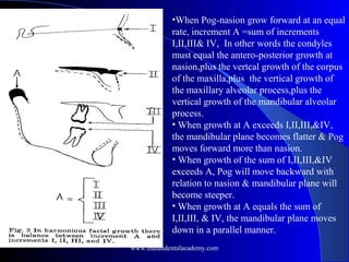 •When Pog-nasion grow forward at an equal
rate, increment A =sum of increments
I,II,III& IV, In other words the condyles
must equal the antero-posterior growth at
nasion,plus the vertcal growth of the corpus
of the maxilla,plus the vertical growth of
the maxillary alveolar process,plus the
vertical growth of the mandibular alveolar
process.
• When growth at A exceeds I,II,III,&IV,
the mandibular plane becomes flatter & Pog
moves forward more than nasion.
• When growth of the sum of I,II,III,&IV
exceeds A, Pog will move backward with
relation to nasion & mandibular plane will
become steeper.
• When growth at A equals the sum of
I,II,III, & IV, the mandibular plane moves
down in a parallel manner.
www.indiandentalacademy.com
 