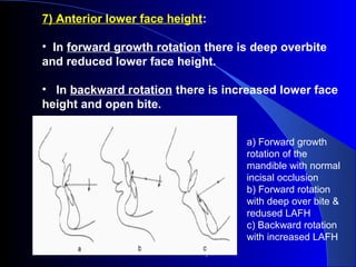 7) Anterior lower face height:
• In forward growth rotation there is deep overbite
and reduced lower face height.
• In backward rotation there is increased lower face
height and open bite.
a) Forward growth
rotation of the
mandible with normal
incisal occlusion
b) Forward rotation
with deep over bite &
redused LAFH
c) Backward rotation
with increased LAFH
www.indiandentalacademy.com
 