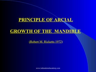                   PRINCIPLE OF ARCIAL
GROWTH OF THE MANDIBLE
                               (Robert M. Ricketts 1972) 
 
www.indiandentalacademy.com
 
