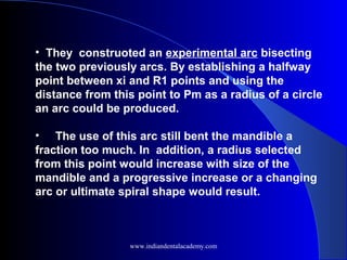 • They construoted an experimental arc bisecting
the two previously arcs. By establishing a halfway
point between xi and R1 points and using the
distance from this point to Pm as a radius of a circle
an arc could be produced.
• The use of this arc still bent the mandible a
fraction too much. In addition, a radius selected
from this point would increase with size of the
mandible and a progressive increase or a changing
arc or ultimate spiral shape would result.
www.indiandentalacademy.com
 