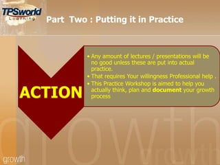 ACTION
• Any amount of lectures / presentations will be
no good unless these are put into actual
practice.
• That requires Your willingness Professional help .
• This Practice Workshop is aimed to help you
actually think, plan and document your growth
process
Part Two : Putting it in Practice
 