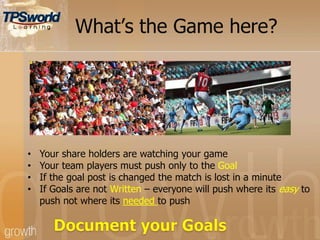 What‟s the Game here?
• Your share holders are watching your game
• Your team players must push only to the Goal
• If the goal post is changed the match is lost in a minute
• If Goals are not Written – everyone will push where its easy to
push not where its needed to push
 