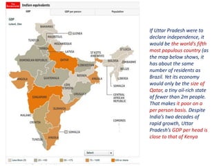 If Uttar Pradesh were to
declare independence, it
would be the world’s fifth
most populous country (as
the map below shows, it
has about the same
number of residents as
Brazil. Yet its economy
would only be the size of
Qatar, a tiny oil-rich state
of fewer than 2m people.
That makes it poor on a
per person basis. Despite
India’s two decades of
rapid growth, Uttar
Pradesh’s GDP per head is
close to that of Kenya
 