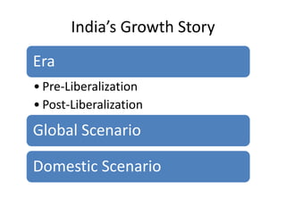 India’s Growth Story
Era
• Pre-Liberalization
• Post-Liberalization
Global Scenario

Domestic Scenario
 