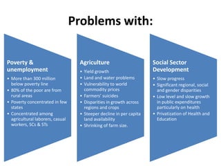 Problems with:

Poverty &                          Agriculture                       Social Sector
unemployment                       • Yield growth                    Development
• More than 300 million            • Land and water problems         • Slow progress
  below poverty line               • Vulnerability to world          • Significant regional, social
• 80% of the poor are from           commodity prices                  and gender disparities
  rural areas                      • Farmers’ suicides               • Low level and slow growth
• Poverty concentrated in few      • Disparities in growth across      in public expenditures
  states                             regions and crops                 particularly on health
• Concentrated among               • Steeper decline in per capita   • Privatization of Health and
  agricultural laborers, casual      land availability                 Education
  workers, SCs & STs               • Shrinking of farm size.
 