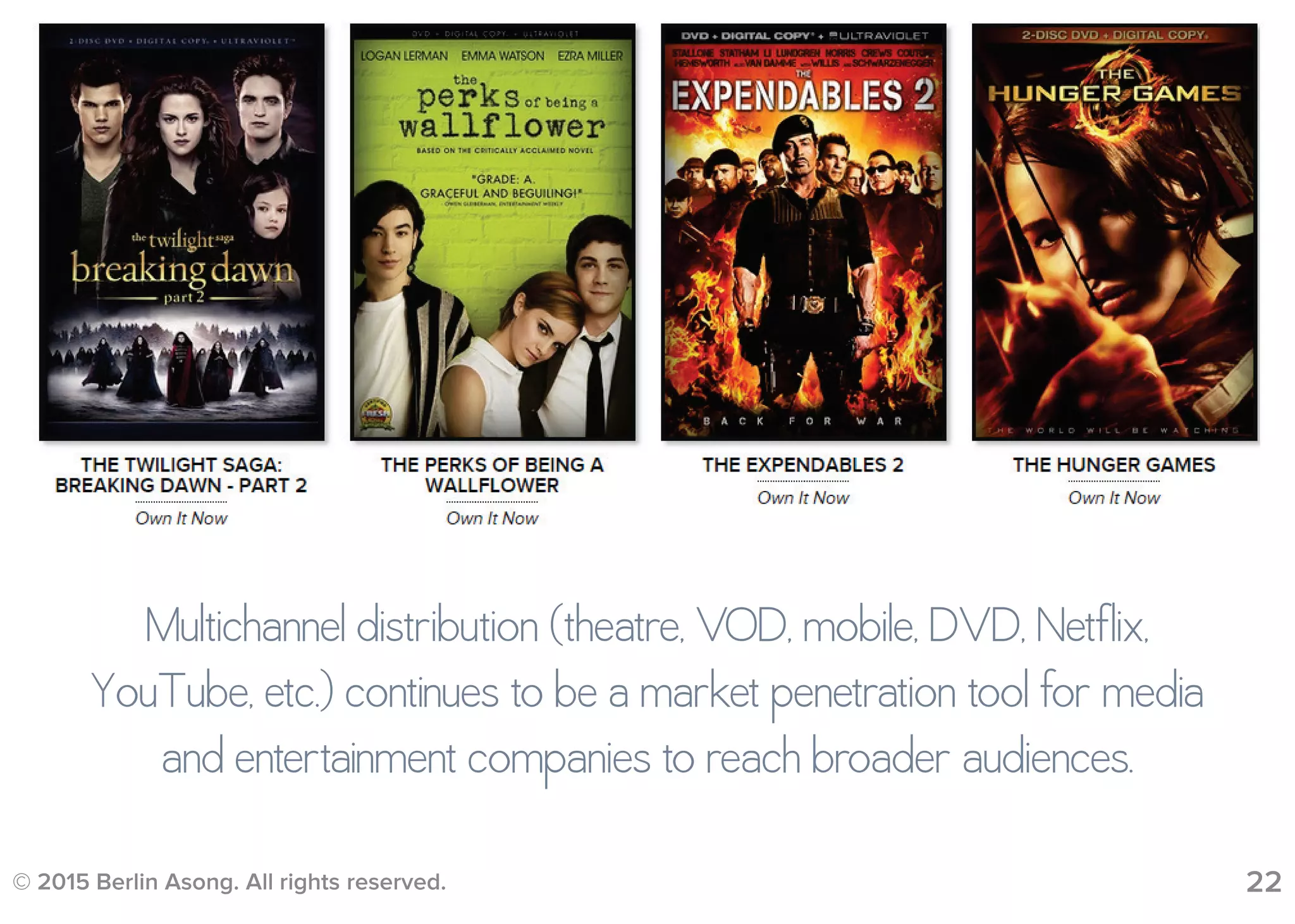 © 2015 Berlin Asong. All rights reserved. 22
Multichannel distribution (theatre, VOD, mobile, DVD, Netflix,
YouTube, etc.) continues to be a market penetration tool for media
and entertainment companies to reach broader audiences.
 