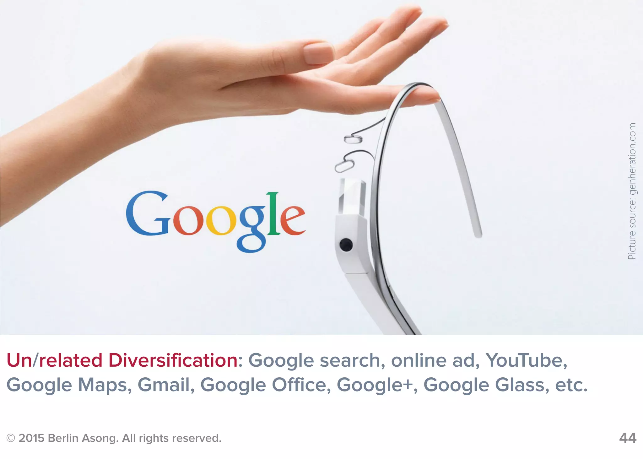 © 2015 Berlin Asong. All rights reserved. 44
Un/related Diversification: Google search, online ad, YouTube,
Google Maps, Gmail, Google Office, Google+, Google Glass, etc.
Picturesource:genheration.com
 