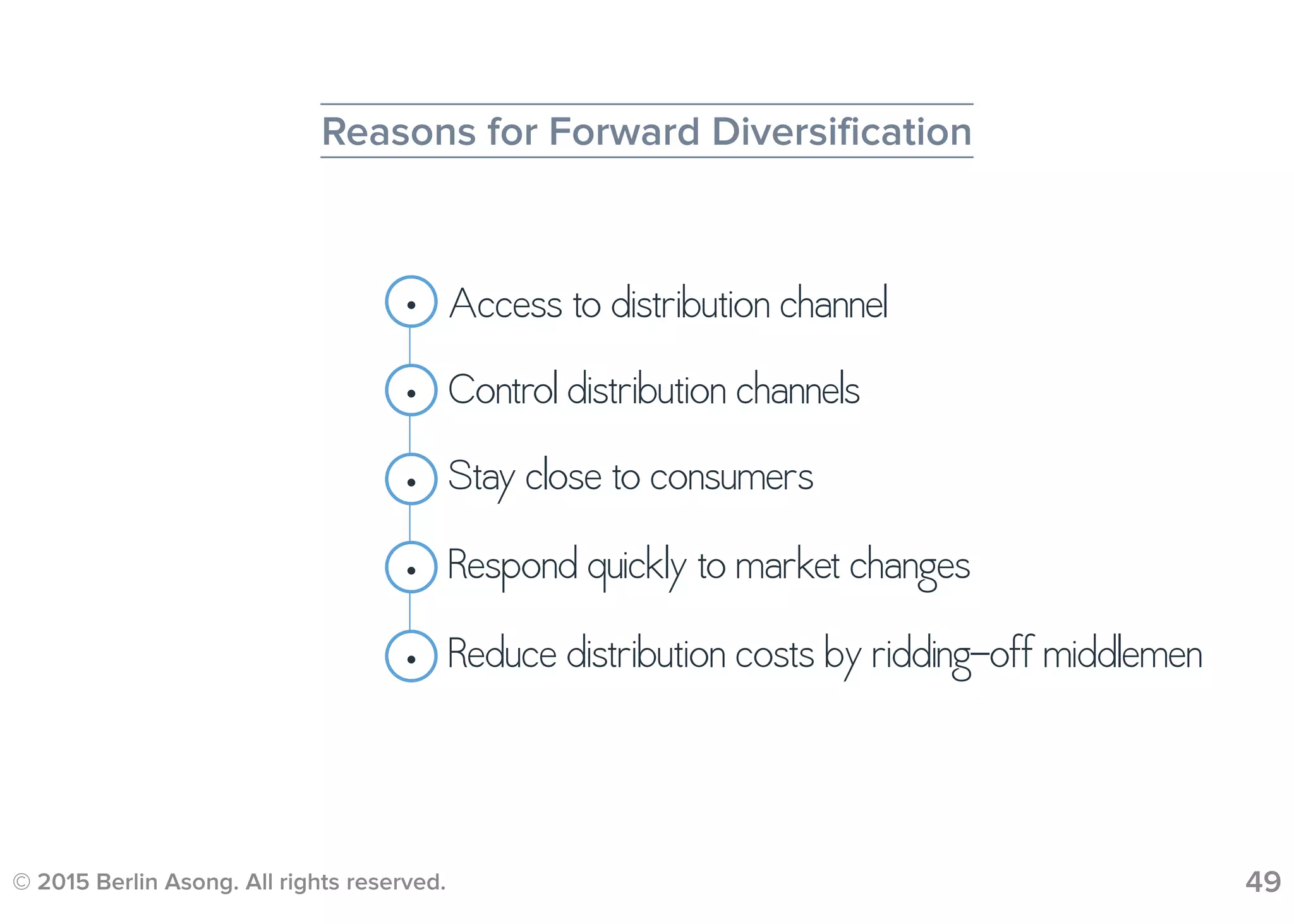 © 2015 Berlin Asong. All rights reserved. 49
Reasons for Forward Diversification
• Access to distribution channel
•
•
•
Control distribution channels
Stay close to consumers
Respond quickly to market changes
• Reduce distribution costs by ridding-off middlemen
 