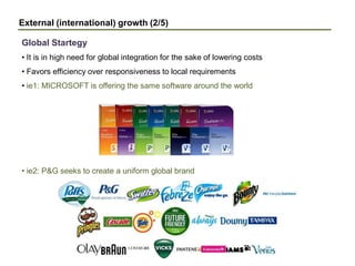 External (international) growth (2/5)
• It is in high need for global integration for the sake of lowering costs
• Favors efficiency over responsiveness to local requirements
• ie1: MICROSOFT is offering the same software around the world
• ie2: P&G seeks to create a uniform global brand
Global Startegy
 