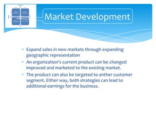Market Development


Expand sales in new markets through expanding
geographic representation
An organization's current product can be changed
improved and marketed to the existing market.
The product can also be targeted to anther customer
segment. Either way, both strategies can lead to
additional earnings for the business.
 