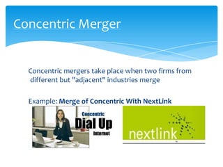 Concentric Merger


  Concentric mergers take place when two firms from
  different but "adjacent" industries merge

  Example: Merge of Concentric With NextLink
 