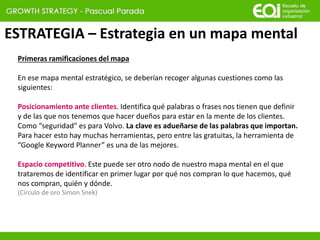 ESTRATEGIA – Estrategia en un mapa mental
Primeras ramificaciones del mapa
En ese mapa mental estratégico, se deberían recoger algunas cuestiones como las
siguientes:
Posicionamiento ante clientes. Identifica qué palabras o frases nos tienen que definir
y de las que nos tenemos que hacer dueños para estar en la mente de los clientes.
Como “seguridad” es para Volvo. La clave es adueñarse de las palabras que importan.
Para hacer esto hay muchas herramientas, pero entre las gratuitas, la herramienta de
“Google Keyword Planner” es una de las mejores.
Espacio competitivo. Este puede ser otro nodo de nuestro mapa mental en el que
trataremos de identificar en primer lugar por qué nos compran lo que hacemos, qué
nos compran, quién y dónde.
(Círculo de oro Simon Snek)
 