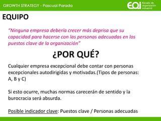 EQUIPO
“Ninguna empresa debería crecer más deprisa que su
capacidad para hacerse con las personas adecuadas en los
puestos clave de la organización”
Cualquier empresa excepcional debe contar con personas
excepcionales autodirigidas y motivadas.(Tipos de personas:
A, B y C)
Si esto ocurre, muchas normas carecerán de sentido y la
burocracia será absurda.
Posible indicador clave: Puestos clave / Personas adecuadas
¿POR QUÉ?
 
