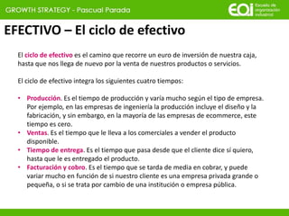 EFECTIVO – El ciclo de efectivo
El ciclo de efectivo es el camino que recorre un euro de inversión de nuestra caja,
hasta que nos llega de nuevo por la venta de nuestros productos o servicios.
El ciclo de efectivo integra los siguientes cuatro tiempos:
• Producción. Es el tiempo de producción y varía mucho según el tipo de empresa.
Por ejemplo, en las empresas de ingeniería la producción incluye el diseño y la
fabricación, y sin embargo, en la mayoría de las empresas de ecommerce, este
tiempo es cero.
• Ventas. Es el tiempo que le lleva a los comerciales a vender el producto
disponible.
• Tiempo de entrega. Es el tiempo que pasa desde que el cliente dice sí quiero,
hasta que le es entregado el producto.
• Facturación y cobro. Es el tiempo que se tarda de media en cobrar, y puede
variar mucho en función de si nuestro cliente es una empresa privada grande o
pequeña, o si se trata por cambio de una institución o empresa pública.
 