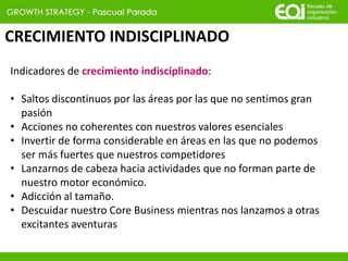 CRECIMIENTO INDISCIPLINADO
Indicadores de crecimiento indisciplinado:
• Saltos discontinuos por las áreas por las que no sentimos gran
pasión
• Acciones no coherentes con nuestros valores esenciales
• Invertir de forma considerable en áreas en las que no podemos
ser más fuertes que nuestros competidores
• Lanzarnos de cabeza hacia actividades que no forman parte de
nuestro motor económico.
• Adicción al tamaño.
• Descuidar nuestro Core Business mientras nos lanzamos a otras
excitantes aventuras
 