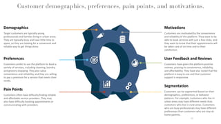 Customer demographics, preferences, pain points, and motivations.
10
User Feedback and Reviews
Customers have given the platform positive
reviews, praising its convenience, reliability,
and affordability. They have also noted that the
platform is easy to use and that customer
support is responsive
Segmentation
Customers can be segmented based on their
demographics, preferences, or behavior
patterns. For example, customers who live in
urban areas may have different needs than
customers who live in rural areas. Customers
who are busy professionals may have different
preferences than customers who are stay-at-
home parents.
Preferences
Customers prefer to use the platform to book a
variety of services, including cleaning, laundry,
and grocery shopping. They also value
convenience and reliability, and they are willing
to pay a premium for a service that meets their
needs.
Pain Points
Customers often have difficulty finding reliable
and affordable service providers. They may
also have difficulty booking appointments or
communicating with providers.
Motivations
Customers are motivated by the convenience
and reliability of the platform. They want to be
able to book services with just a few clicks, and
they want to know that their appointments will
be taken care of on time and to their
satisfaction.
Demographics
Target customers are typically young
professionals and families living in urban areas.
They are typically busy and have little time to
spare, so they are looking for a convenient and
reliable way to get things done.
 