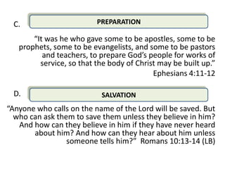 C.                       PREPARATION

       “It was he who gave some to be apostles, some to be
   prophets, some to be evangelists, and some to be pastors
          and teachers, to prepare God’s people for works of
         service, so that the body of Christ may be built up.”
                                           Ephesians 4:11-12

 D.                        SALVATION
“Anyone who calls on the name of the Lord will be saved. But
  who can ask them to save them unless they believe in him?
   And how can they believe in him if they have never heard
       about him? And how can they hear about him unless
                 someone tells him?” Romans 10:13-14 (LB)
 