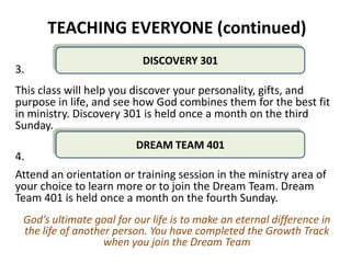 TEACHING EVERYONE (continued)
                           DISCOVERY 301
3.
This class will help you discover your personality, gifts, and
purpose in life, and see how God combines them for the best fit
in ministry. Discovery 301 is held once a month on the third
Sunday.
                         DREAM TEAM 401
4.
Attend an orientation or training session in the ministry area of
your choice to learn more or to join the Dream Team. Dream
Team 401 is held once a month on the fourth Sunday.
 God’s ultimate goal for our life is to make an eternal difference in
 the life of another person. You have completed the Growth Track
                   when you join the Dream Team
 