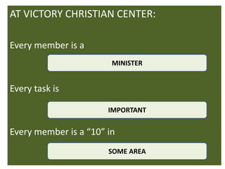 AT VICTORY CHRISTIAN CENTER:

Every member is a
                        MINISTER


Every task is

                       IMPORTANT

Every member is a “10” in
                       SOME AREA
 
