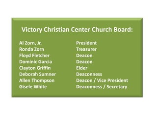 Victory Christian Center Church Board:
Al Zorn, Jr.      President
Ronda Zorn        Treasurer
Floyd Fletcher    Deacon
Dominic Garcia    Deacon
Clayton Griffin   Elder
Deborah Sumner    Deaconness
Allen Thompson    Deacon / Vice President
Gisele White      Deaconness / Secretary
 