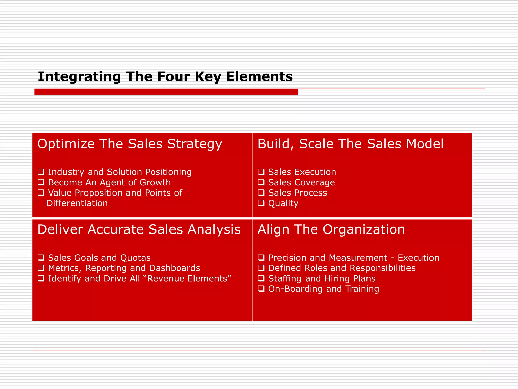 Integrating The Four Key Elements
Optimize The Sales Strategy
 Industry and Solution Positioning
 Become An Agent of Growth
 Value Proposition and Points of
Differentiation
Build, Scale The Sales Model
 Sales Execution
 Sales Coverage
 Sales Process
 Quality
Deliver Accurate Sales Analysis
 Sales Goals and Quotas
 Metrics, Reporting and Dashboards
 Identify and Drive All “Revenue Elements”
Align The Organization
 Precision and Measurement - Execution
 Defined Roles and Responsibilities
 Staffing and Hiring Plans
 On-Boarding and Training
 