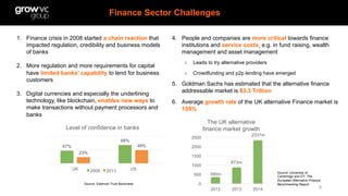 Finance Sector Challenges
6
1.  Finance crisis in 2008 started a chain reaction that
impacted regulation, credibility and ...